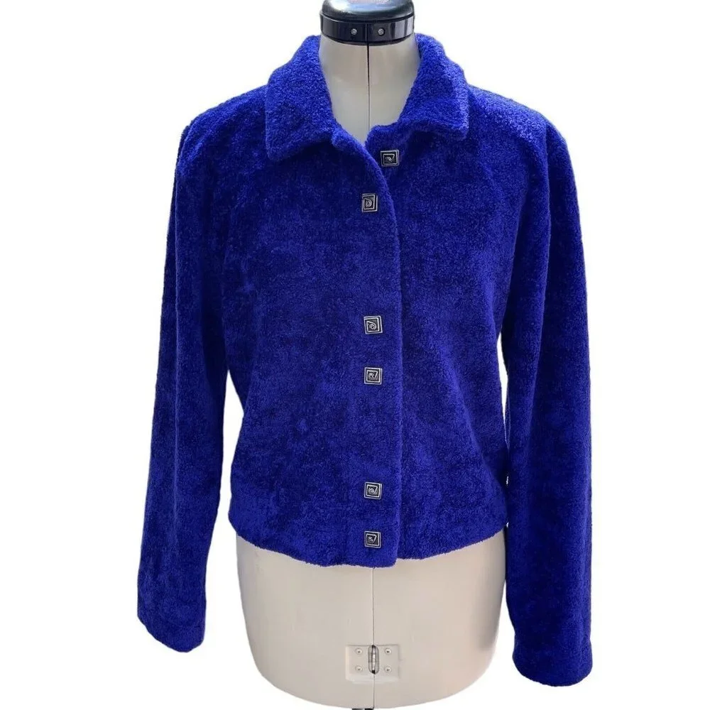 COUNTY CLOTHING‎ Cropped Fleece Jacket Women's Small Blue/Purple Artsy Buttons - Picture 14 of 15
